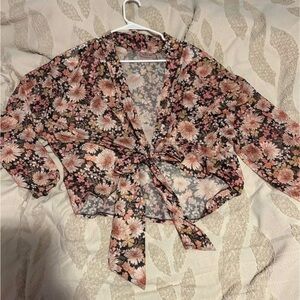 Buckle Floral Tie-Front Blouse in Pink and Black